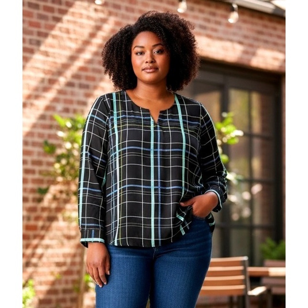 Apt. 9 Womens XXL Black‎ Plaid Roll Tab Sleeve Split Neck Blouse Top Teal Blue